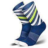 INCYLENCE Curls Sportsocken lang, leichte Running Socks mit Anti-Blasenschutz, atmungsaktive Laufsocken, Compression Socks, blau weiß neongelb, 35-38